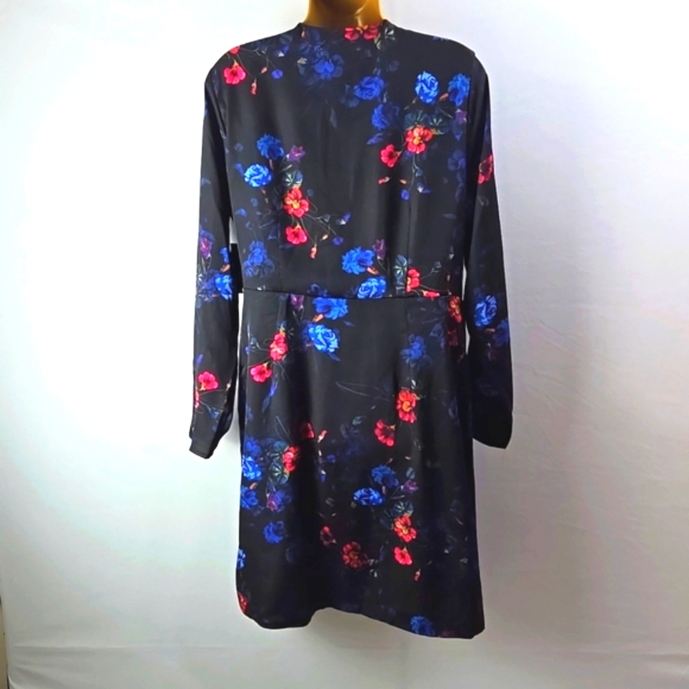 I.N.C. International Concepts Black Floral Print Faux-Wrap Long Sleeve Dress L - Picture 5 of 12
